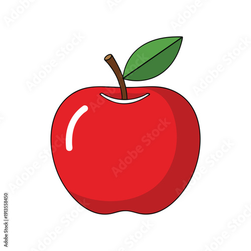 Bright Red Fresh Apple with Green Leaf on White Background