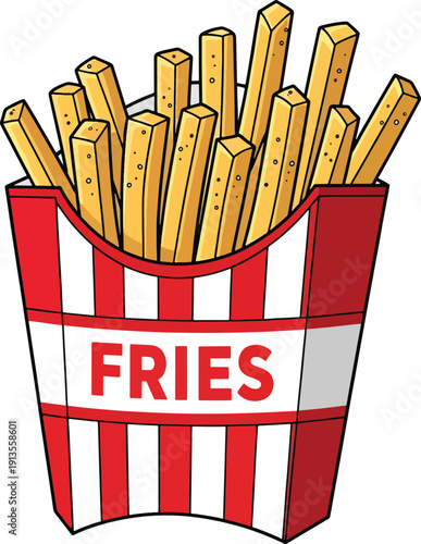 French Fries Illustration in Red and White Striped Box, Fast Food Cartoon Icon Isolated on  - stock vector.