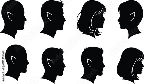 Collection of eight black silhouette profiles of men and women with pointed ears suggesting fantasy or elven characters for creative projects
