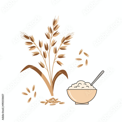 Healthy Whole Grain Wheat Plants with a Bowl of Freshly Cooked Porridge