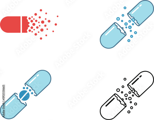 Breaking capsule pill with spilling particles icon set medical vector illustration isolated