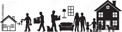Family Moving into a New Home Together Silhouette Illustration