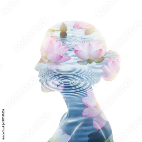 Woman silhouette double exposure with lotus flowers and water