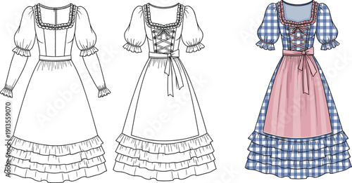 Collection of traditional German dirndl dresses showcasing front and back views with detailed embroidery and apron in both outline and colored versions for cultural fashion