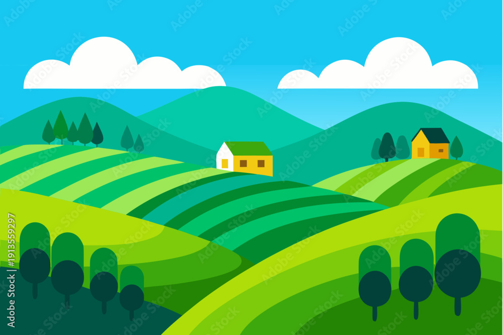 Obraz premium Serene countryside landscape with rolling hills and houses