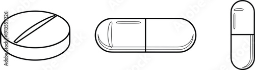 Medicine tablet and capsule icon set outline pharmaceutical vector illustration isolated