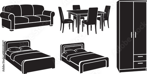 Furniture icons including sofa, beds, table, and wardrobe illustrations
