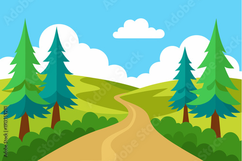 A serene landscape with a winding road through a forest