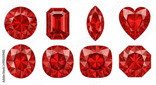 Red Ruby Gemstone Icon Set with Various Cuts and Sparkling Facets – Luxury Jewelry Design Isolated on White
