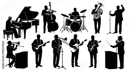 Orchestra and Band Performer Silhouettes Featuring Piano, Guitar, Drums and Brass Instruments on White Background