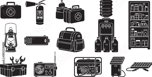 Emergency kit and survival equipment icons on white background