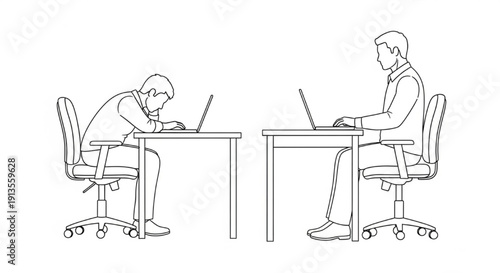 Office Worker Posture Comparison Silhouettes – Correct vs Incorrect Laptop Sitting Ergonomics Vector Set