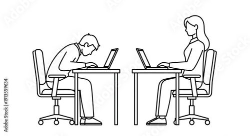 Comparison of Correct and Incorrect Sitting Posture While Working on Laptop – Workplace Ergonomics Vector Illustration
