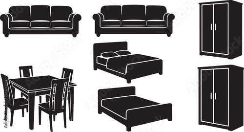 Furniture icons set including sofa, bed, wardrobe, and table