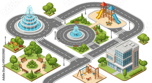 Urban Map Design Set – Isometric City Elements with Parks, Roads, Roundabouts, Playgrounds, Fountains, and Buildings