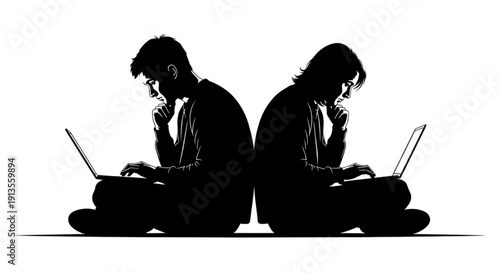 Mirrored Silhouette of Male Using Laptop – Dual Productivity, Work from Home, Freelance Lifestyle Theme