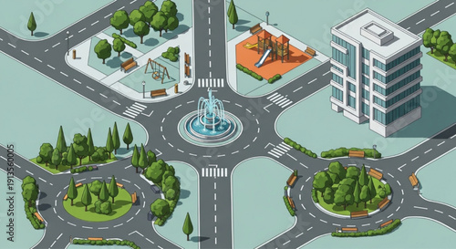 Isometric City Park and Road Elements – Roundabouts, Playground, Fountain, Buildings, Curved Streets for Urban Map Design