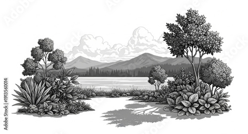 Serene landscape with lake and mountains in black and white illustration.