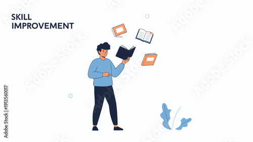 Skill Improvement Concept: Man Juggling Books for Knowledge and Learning