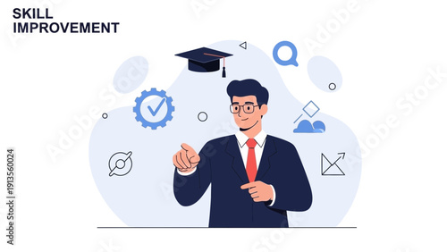 Skill Improvement Concept: Man with Graduation Cap and Icons