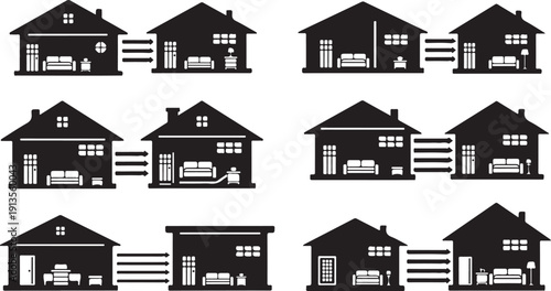 Set of modern house silhouettes with various designs and features