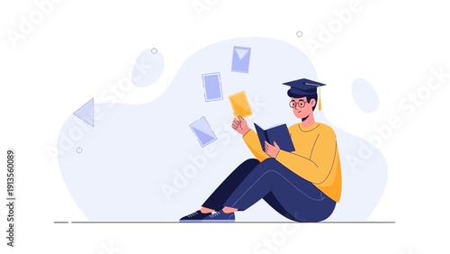 Student in graduation cap reading book, learning and knowledge concept illustration