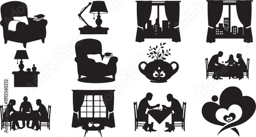 Silhouettes of people in various home settings and activities