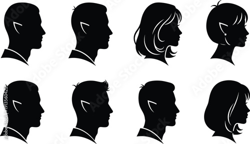 Diverse male and female silhouettes in profile showcasing various hairstyles and facial for head face