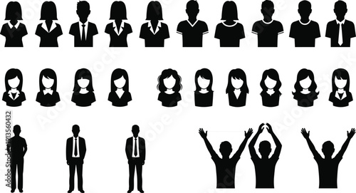 Diverse set of black silhouette representing men and women in various business and casual attire and poses