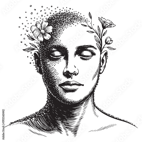 Vector illustration of person with closed eyes and flowers blooming from head