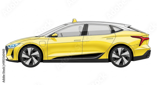 Modern Yellow Electric Taxi Car Isolated on White Background.