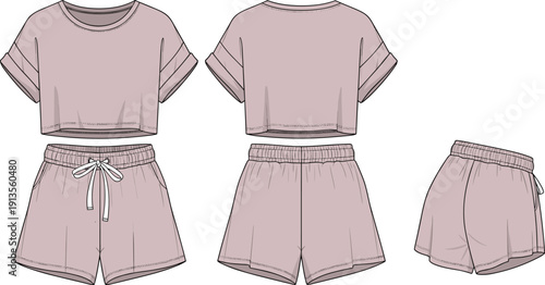 Fashion of a pastel pink loungewear set with a cropped t-shirt and shorts, shown from multiple angles