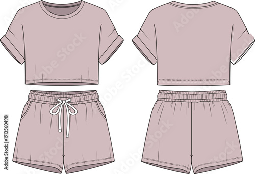 Fashion of a two-piece loungewear set including a cropped t-shirt and elastic waist shorts with a drawstring