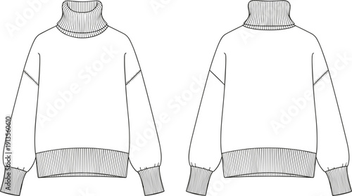 Front and back flat of a chunky knit turtleneck sweater with balloon sleeves and ribbed trim flat fashion apparel clothing template