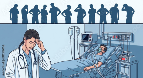 Hospital Intensive Care Illustration – Doctor Treating Patients on Life Support Beds with Medical Equipment and People Silhouettes