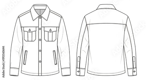 Denim Jacket Apparel Design Vector – Men’s Flat Illustration, Detailed Front and Back, Buttons, Pockets, Collar, Long Sleeve
