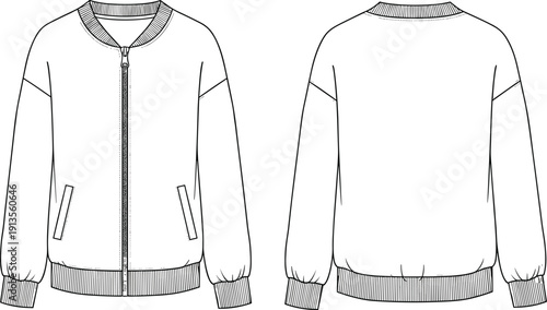 Front and back flat of a classic bomber jacket with zipper and ribbed cuffs and hem flat fashion apparel clothing template