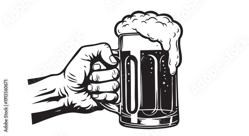 Hand gripping foamy beer mug illustration, detailed black and white engraving style for brewery or pub design