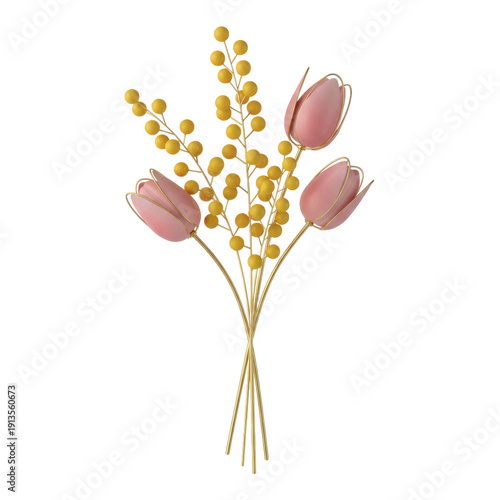 Pink tulips and yellow mimosa flowers gold wire art