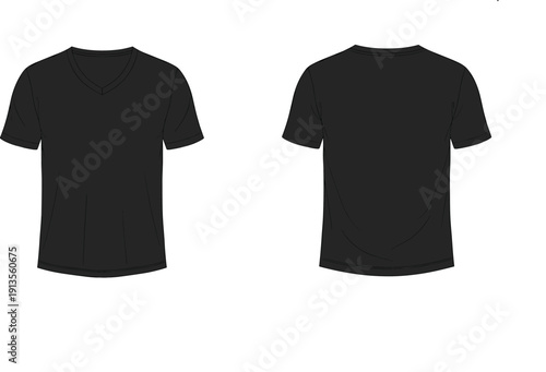 Front and back view of a plain black V-neck t-shirt displayed on a white background for product presentation