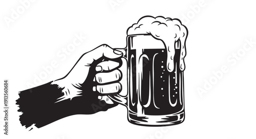 Hand holding frothy beer mug illustration in black and white, vintage engraving style beverage graphic design