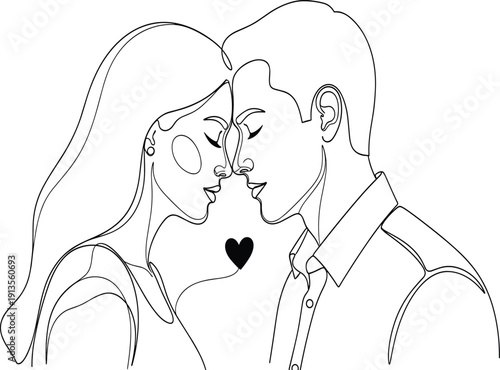 Intimate single line of a couple embracing with closed eyes and foreheads touching, a small black heart symbolizing love and connection