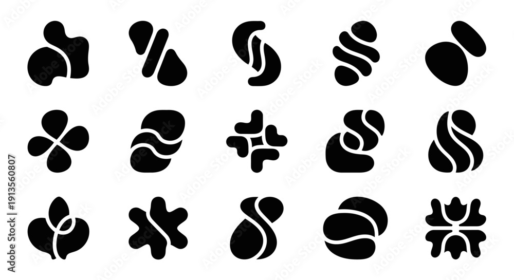 Fototapeta premium Abstract black and white shapes, modern minimalist design elements, organic and geometric forms collection