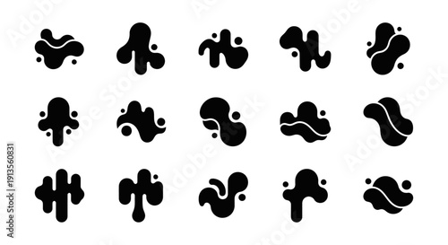Abstract black fluid blob shapes collection. Organic liquid ink splatters. Modern graphic design elements.