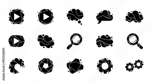 Abstract black grunge icons for media, thinking, search, and technology concepts