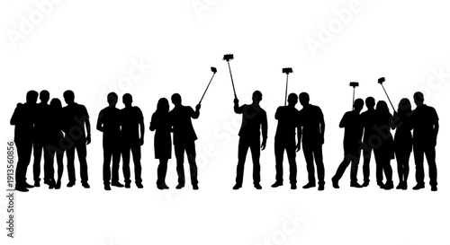 People Taking Selfies Silhouette Set – Friends and Couples Using Selfie Sticks, Social Media Concept on White Background