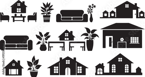 Black and white home and furniture icons collection