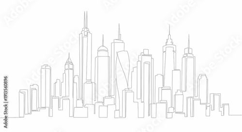 Continuous Line Drawing City Skyline Skyscrapers Urban Vector Isolated on White
