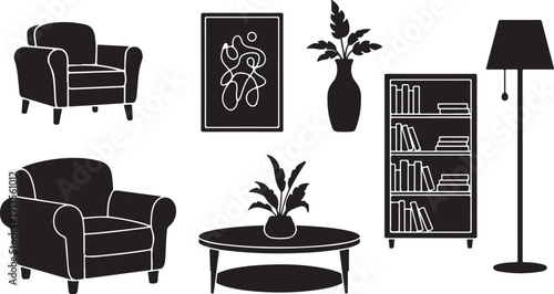 Minimalist living room interior design elements illustration set