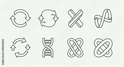 Abstract line art icons of cycles, DNA, and interconnected loops representing science and technology